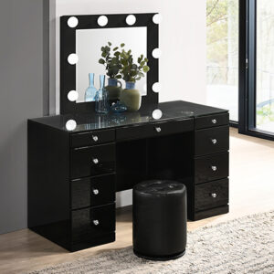 Avery Luxo black vanity with lighted mirror, glass top, and storage drawers.