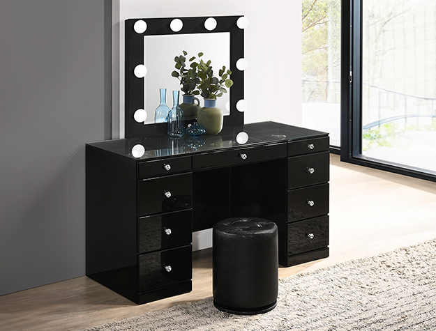 Avery Luxo black vanity with lighted mirror, glass top, and storage drawers.