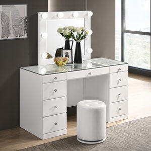 Avery white vanity set with lighted mirror, glass top, and multiple storage drawers.