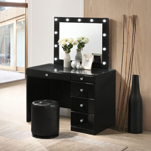 Avery black vanity set with lighted mirror, glass top, and multiple storage drawers.