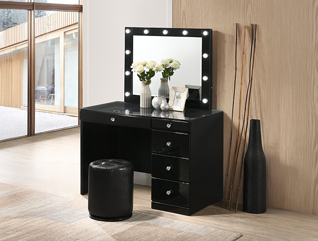 Avery black vanity set with lighted mirror, glass top, and multiple storage drawers.
