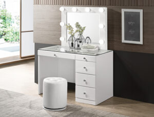White vanity desk with illuminated mirror and storage drawers