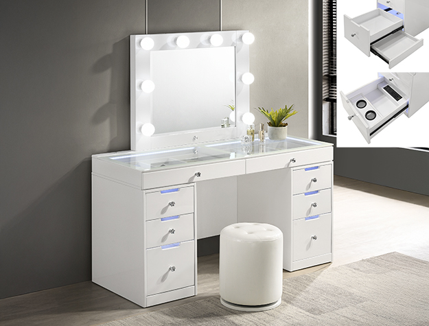 White vanity desk with LED lighted mirror and storage drawers