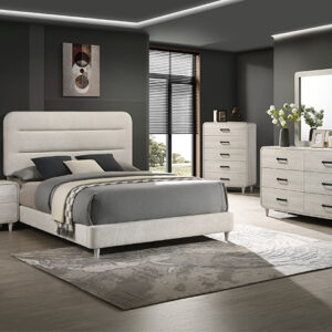 Nyomi white 7-piece bedroom set with upholstered bed, dresser, mirror, chest, and nightstand in a light white finish with modern curved design.