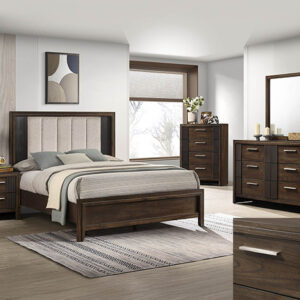 Carlton 7-piece bedroom set with upholstered panel bed, dresser, mirror, chest, and nightstand in a dark walnut finish with modern brass hardware.