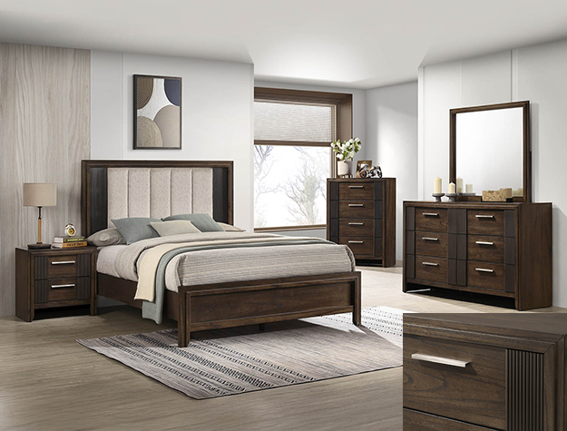 Carlton 7-piece bedroom set with upholstered panel bed, dresser, mirror, chest, and nightstand in a dark walnut finish with modern brass hardware.