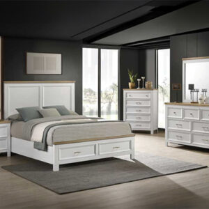 Aston storage 7-piece bedroom set with storage bed, dresser, mirror, chest, and nightstand in a white finish with natural wood trim accents.