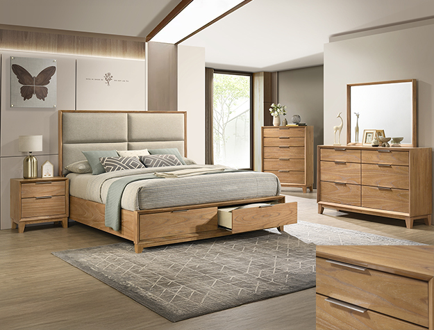 Florian 7-piece bedroom set with upholstered bed, dresser, mirror, chest, and nightstand in a warm natural wood finish with modern storage drawers.
