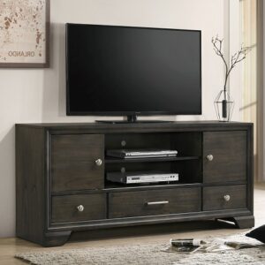 Dark wood TV stand with drawers, cabinets, and center shelves