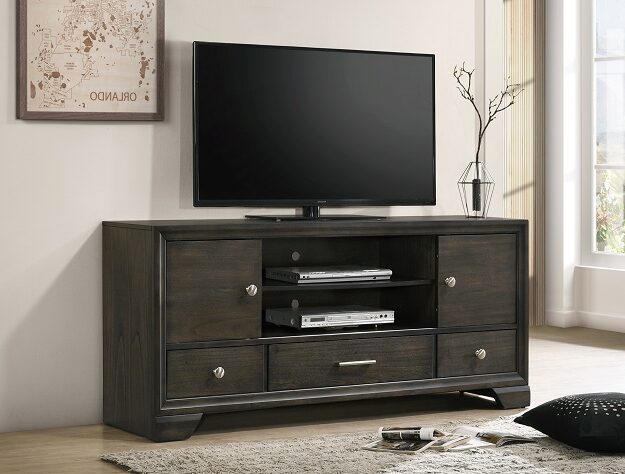 Dark wood TV stand with drawers, cabinets, and center shelves