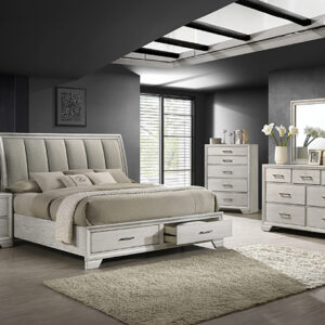 Jaymes white mist 7-piece bedroom set with upholstered bed, dresser, mirror, chest, and nightstand in a white mist finish with built-in storage drawers.