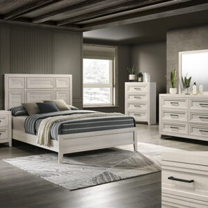 Lorraine 7-piece bedroom set with panel bed, dresser, mirror, chest, and nightstand in a light whitewashed finish with modern clean lines.