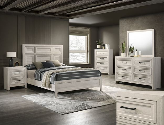 Lorraine 7-piece bedroom set with panel bed, dresser, mirror, chest, and nightstand in a light whitewashed finish with modern clean lines.