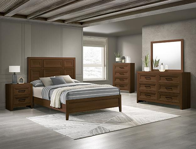 Lorraine brown 7-piece bedroom set with panel bed, dresser, mirror, chest, and nightstand in a warm brown wood finish with modern clean lines.
