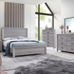 Adelaide driftwood 7-piece bedroom set with panel bed, dresser, mirror, chest, and nightstand in a driftwood gray finish with modern drawer hardware.