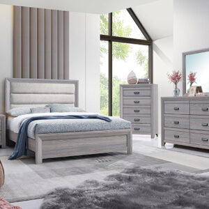 Adelaide upholstered 7-piece bedroom set with upholstered panel bed, dresser, mirror, chest, and nightstand in a driftwood gray finish with modern hardware.