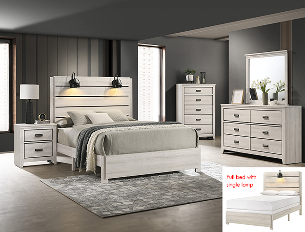Carter white 7-piece bedroom set with panel bed, dresser, mirror, chest, and nightstand in a whitewashed finish with built-in headboard lights.