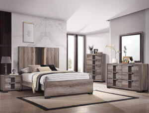Rangley 7-piece bedroom set with modern panel bed, dresser, mirror, chest, and nightstand in a gray wood finish with bold black accent detailing.