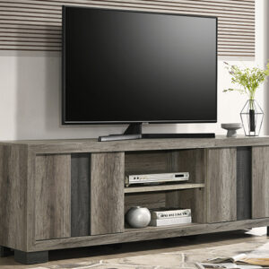 Grey and brown wood TV stand with center shelves and side storage