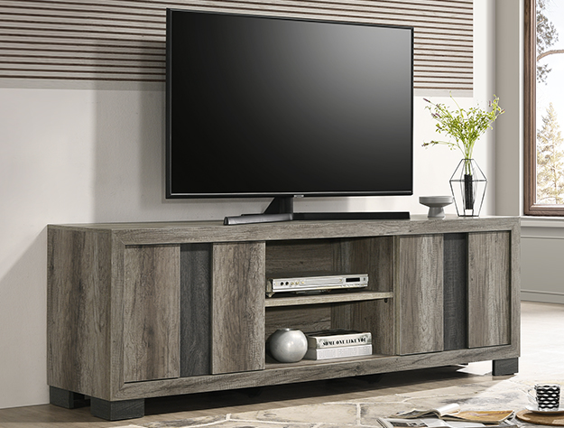 Grey and brown wood TV stand with center shelves and side storage