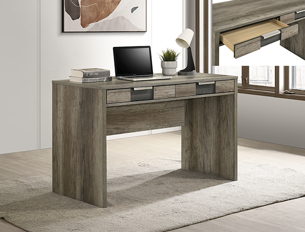 Grey and brown modern writing desk with storage drawers