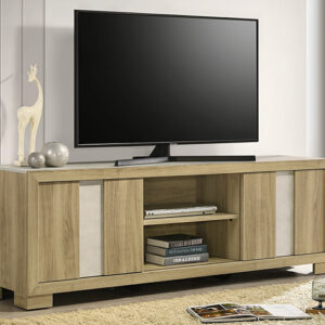 Driftwood wood TV stand with center shelves and panel-style doors