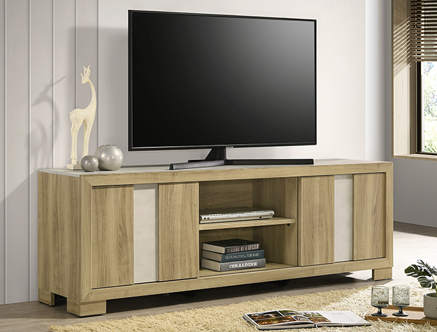 Driftwood wood TV stand with center shelves and panel-style doors
