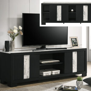 Black TV stand with marble accent panels and center media shelves