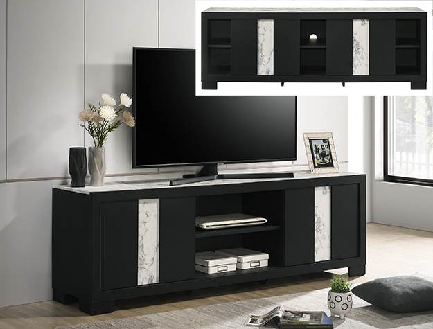 Black TV stand with marble accent panels and center media shelves