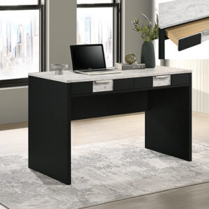 Black writing desk with marble-look top and storage drawers