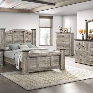 Ella-Mae reclaimed grey 7-piece bedroom set with rustic panel bed, dresser, mirror, chest, and nightstand in a reclaimed gray wood finish with farmhouse style.