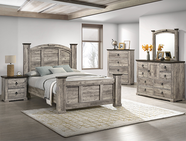 Ella-Mae reclaimed grey 7-piece bedroom set with rustic panel bed, dresser, mirror, chest, and nightstand in a reclaimed gray wood finish with farmhouse style.