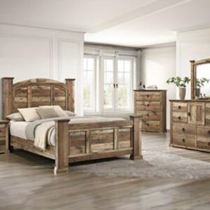Ella-Mae reclaimed natural 7-piece bedroom set with rustic panel bed, dresser, mirror, chest, and nightstand in a reclaimed natural wood finish with farmhouse style.