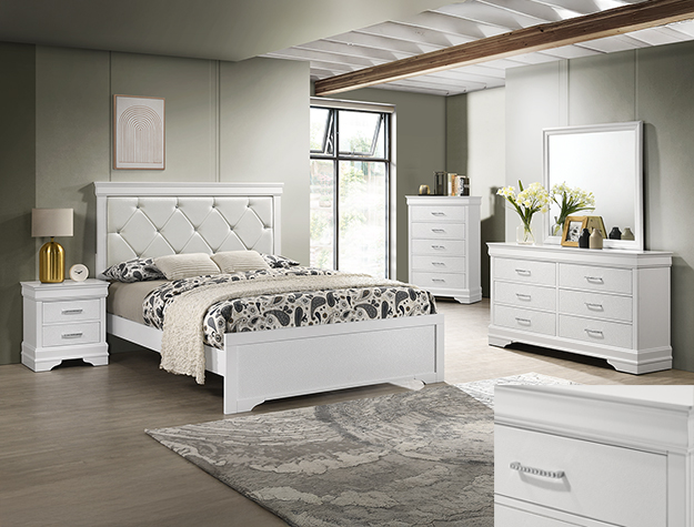 Amalia white 7-piece bedroom set with tufted upholstered bed, dresser, mirror, chest, and nightstand in a bright white finish with glam styling.