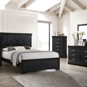 Amalia black 7-piece bedroom set with tufted upholstered bed, dresser, mirror, chest, and nightstand in a black finish with modern glam styling.
