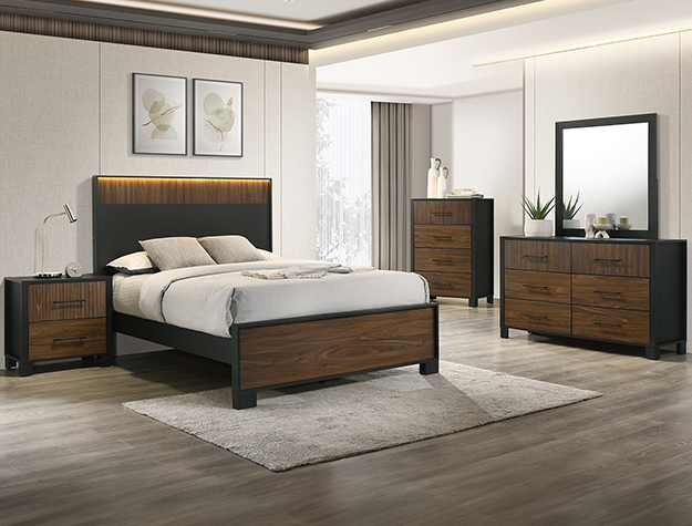 Nemy 7-piece bedroom set with modern panel bed, dresser, mirror, chest, and nightstand in a walnut brown finish with black frame accents and LED headboard light.