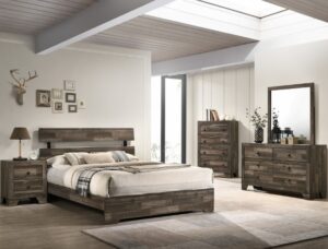 Atticus 7-piece bedroom set with rustic platform bed, dresser, mirror, chest, and nightstand in a dark weathered wood finish with clean modern lines.