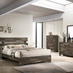 Atticus 7-piece bedroom set with rustic platform bed, dresser, mirror, chest, and nightstand in a dark weathered wood finish with clean modern lines.