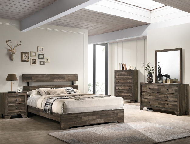 Atticus 7-piece bedroom set with rustic platform bed, dresser, mirror, chest, and nightstand in a dark weathered wood finish with clean modern lines.