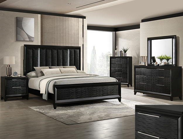 Cressida black 7-piece bedroom set with upholstered panel bed, dresser, mirror, chest, and nightstand in a black finish with textured drawer fronts and modern styling.