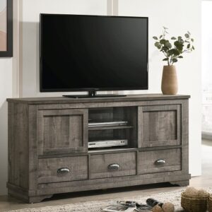 Rustic grey wood TV stand with drawers and open center shelves