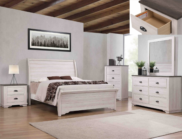 Coralee chalk grey 7-piece bedroom set with rustic sleigh-style bed, dresser, mirror, chest, and nightstand in a two-tone chalk white and gray wood finish.