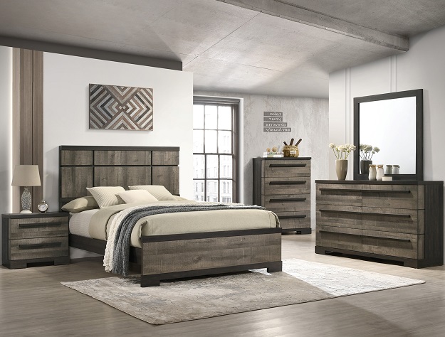 Remington 7-piece bedroom set with panel bed, dresser, mirror, chest, and nightstand in a rustic gray wood finish with clean modern lines and wide plank detailing.