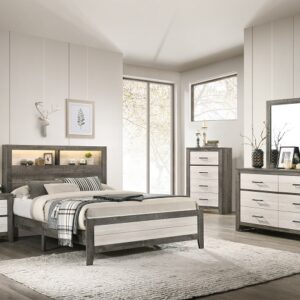 Rhett 7-piece bedroom set with modern wood bed, dresser, mirror, chest, and nightstand featuring a two-tone gray and white finish with clean lines and spacious drawers.