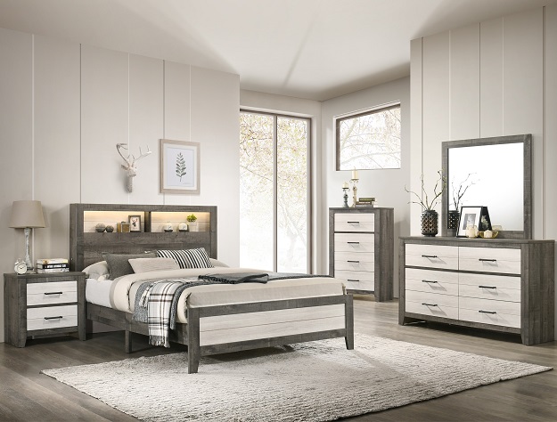 Rhett 7-piece bedroom set with modern wood bed, dresser, mirror, chest, and nightstand featuring a two-tone gray and white finish with clean lines and spacious drawers.