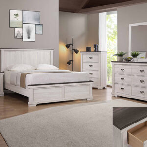 Leighton B8180 7-piece bedroom set with white wood bed, dresser with mirror, chest and nightstand featuring two-tone gray top and rustic farmhouse style.