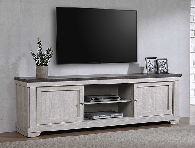 B8180-9 Leighton light wood TV stand with center media shelves and side cabinet storage in modern farmhouse living room