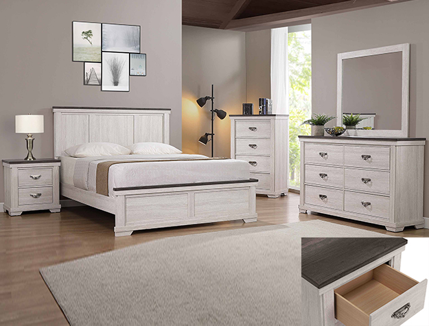 Leighton B8180 7-piece bedroom set with white wood bed, dresser with mirror, chest and nightstand featuring two-tone gray top and rustic farmhouse style.