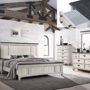 Sawyer B9100 bedroom set in rustic white finish with plank-style bed, dresser with mirror, chest and nightstand in farmhouse style.