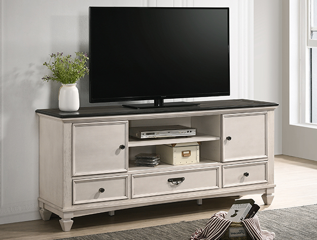B9100-7 Sawyer farmhouse TV stand with light finish, cabinet doors, drawers, and open media shelf in living room